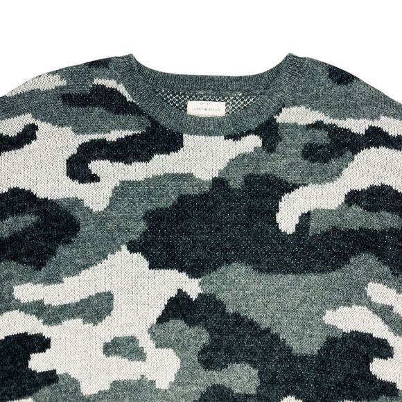 Lucky Brand Wool Blend Sweater Women XL Gray Black Camo Crewneck Hunter Pullover - Picture 2 of 16